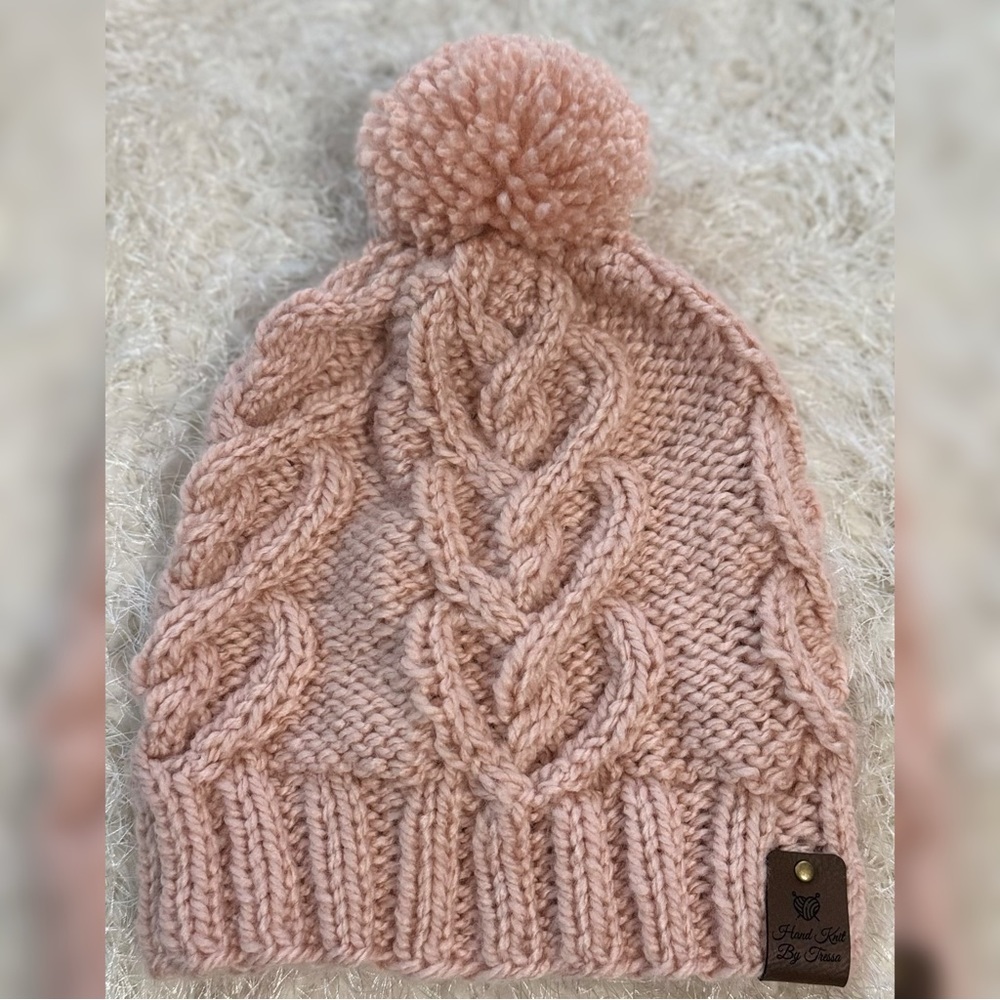 Handmade Hand Crafted Knit Heart to Heart Hat Pink Adult/Teen size - Picture 2 of 5
